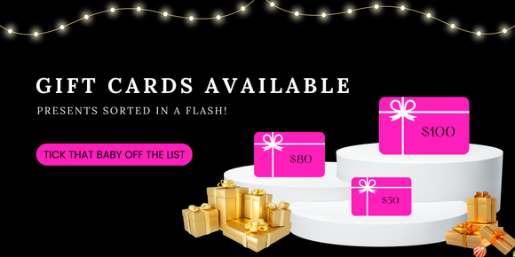 black background with text saying gift cards available presents sorted in a flash with pictures of different value amounts of gifts cards on round podium pieces